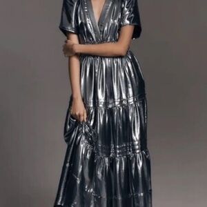 Anthropologie Shimmering Silver Maxi Dress